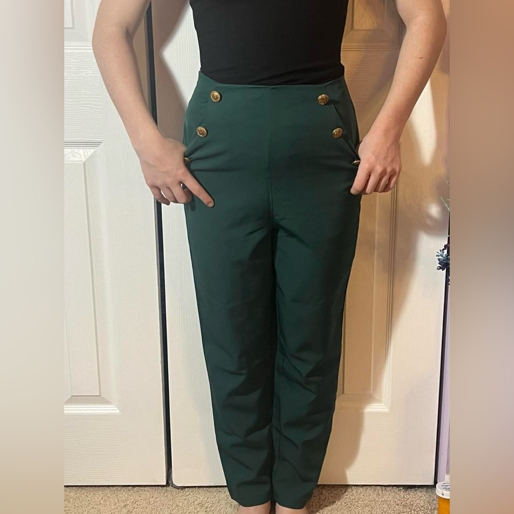 SHEIN Dark Green High-Rise Button-Front Straight Leg Pants